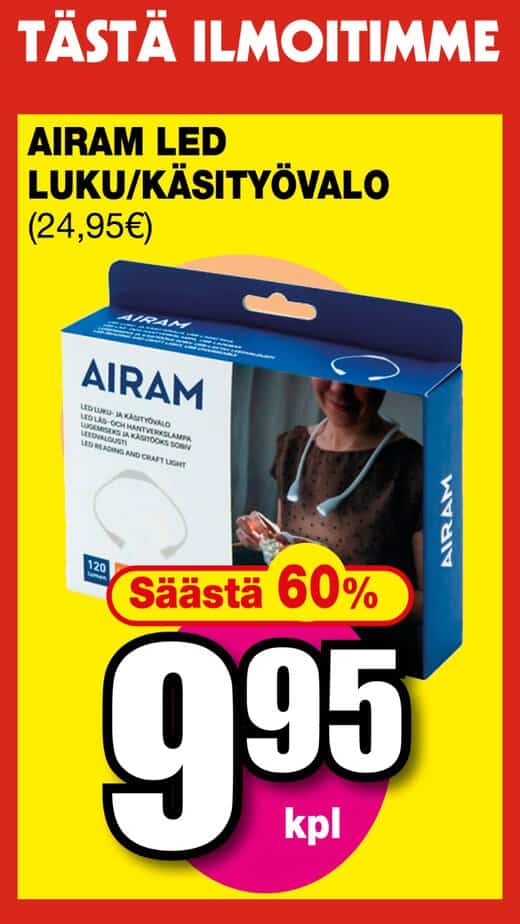 Promo banner for airam led reading/craft light; bright yellow sale poster with 60% off, price 9,95€. | säästötalo latvala